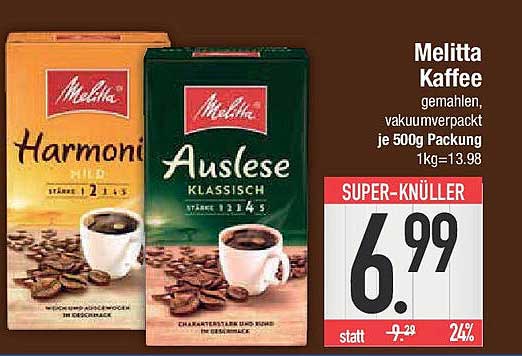 Melitta Kaffee, gemahlen, vakuumverpackt je 500g Packung