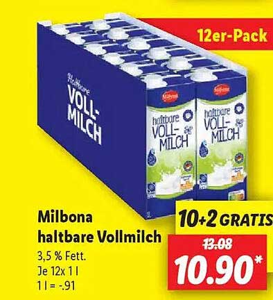 Milbona haltbare Vollmilch 12er-Pack