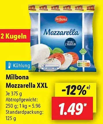 Milbona Mozzarella XXL - 2 Kugeln, 375 g