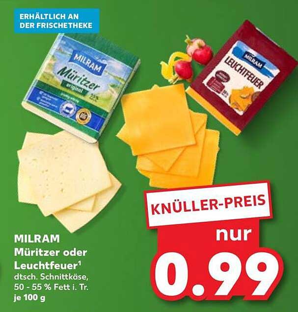 MILRAM Müritzer oder Leuchtfeuer Schnittkäse, 50 - 55 % Fett i. Tr. je 100 g