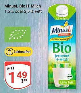 MinusL Bio H-Milch 1,5 % oder 3,5 % Fett