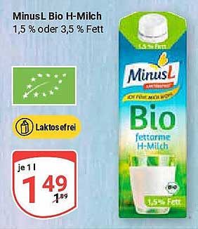 MinusL Bio H-Milch, 1,5 % oder 3,5 % Fett