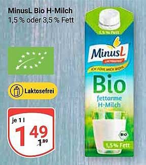 MinusL Bio H-Milch 1,5 % oder 3,5 % Fett