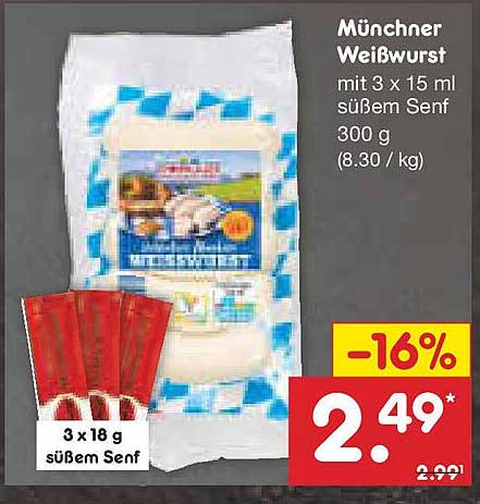 Münchner Weißwurst mit 3 x 15 ml süßem Senf