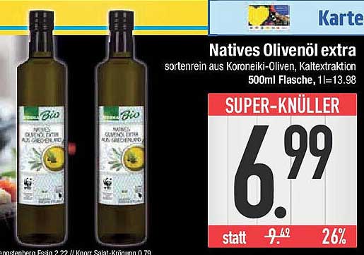 Natives Olivenöl extra sortenrein aus Koroneiki-Oliven, Kaltpressung 500ml
