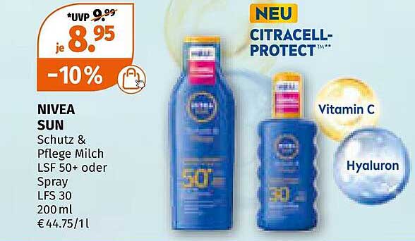 NIVEA SUN Schutz & Pflege Milch LSF 50+ oder Spray LFS 30 200 ml