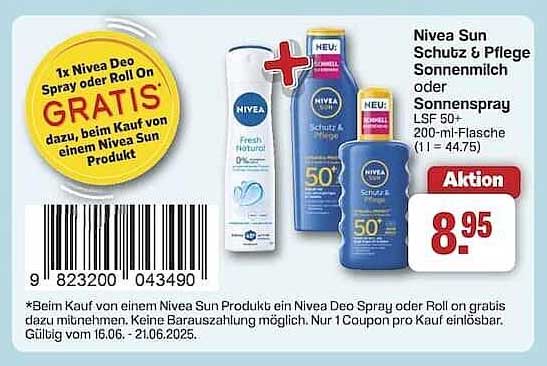 Nivea Sun Schutz & Pflege Sonnenmilch oder Sonnenspray LSF 50+ (200 ml-Flasche)
