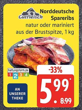 Norddeutsche Spareribs - natürlich oder mariniert aus der Brustspitze, 1 kg