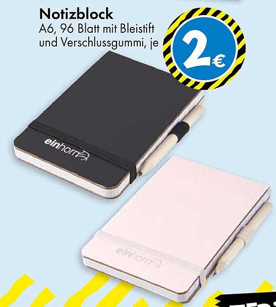 Notizblock A6 mit Bleistift und Verschlussgummi, je 2 €