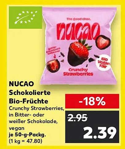 NUCAO Schokolierte Bio-Früchte – Crunchy Strawberries in Bitter- oder weißer Schokolade