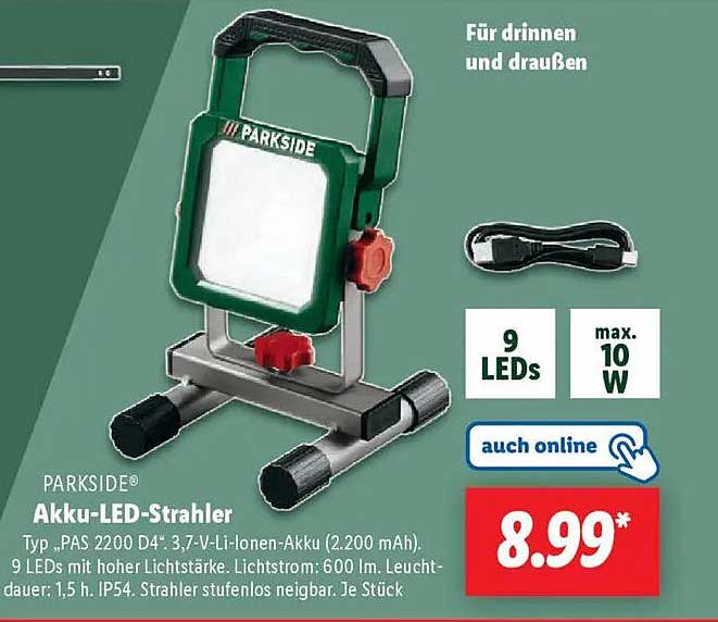 PARKSIDE Akku-LED-Strahler mit 9 LEDs, max. 10 W