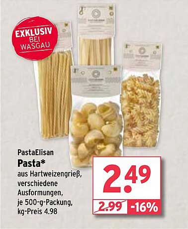 PastaElisan Pasta* aus Hartweizengrieß, verschiedene Ausformungen, je 500-g-Packung, kg-Preis 4,98