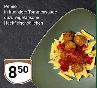 Penne in fruchtiger Tomatensauce, dazu vegetarische Hackfleischbällchen