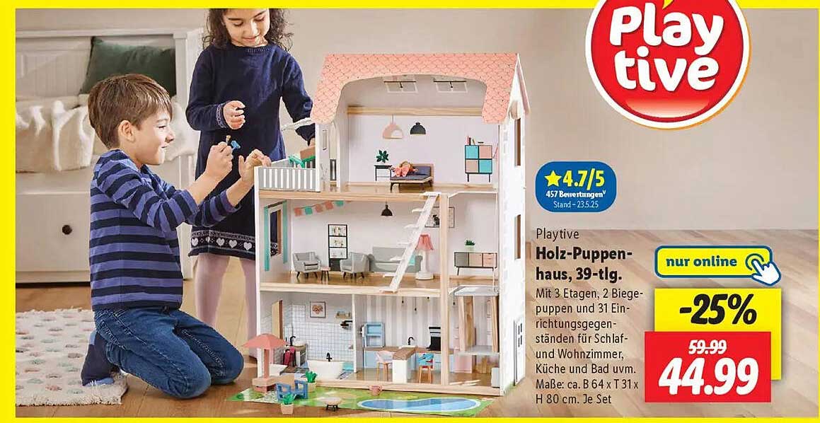 Playtive Holz-Puppenhaus, 39-tlg.