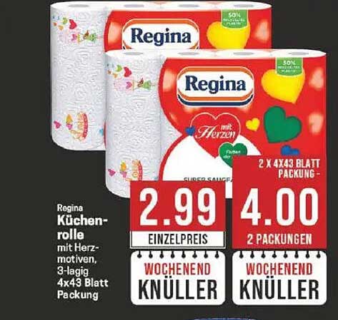 Regina Küchenrolle mit Herzmotiven, 3-lagig, 4x43 Blatt Packung