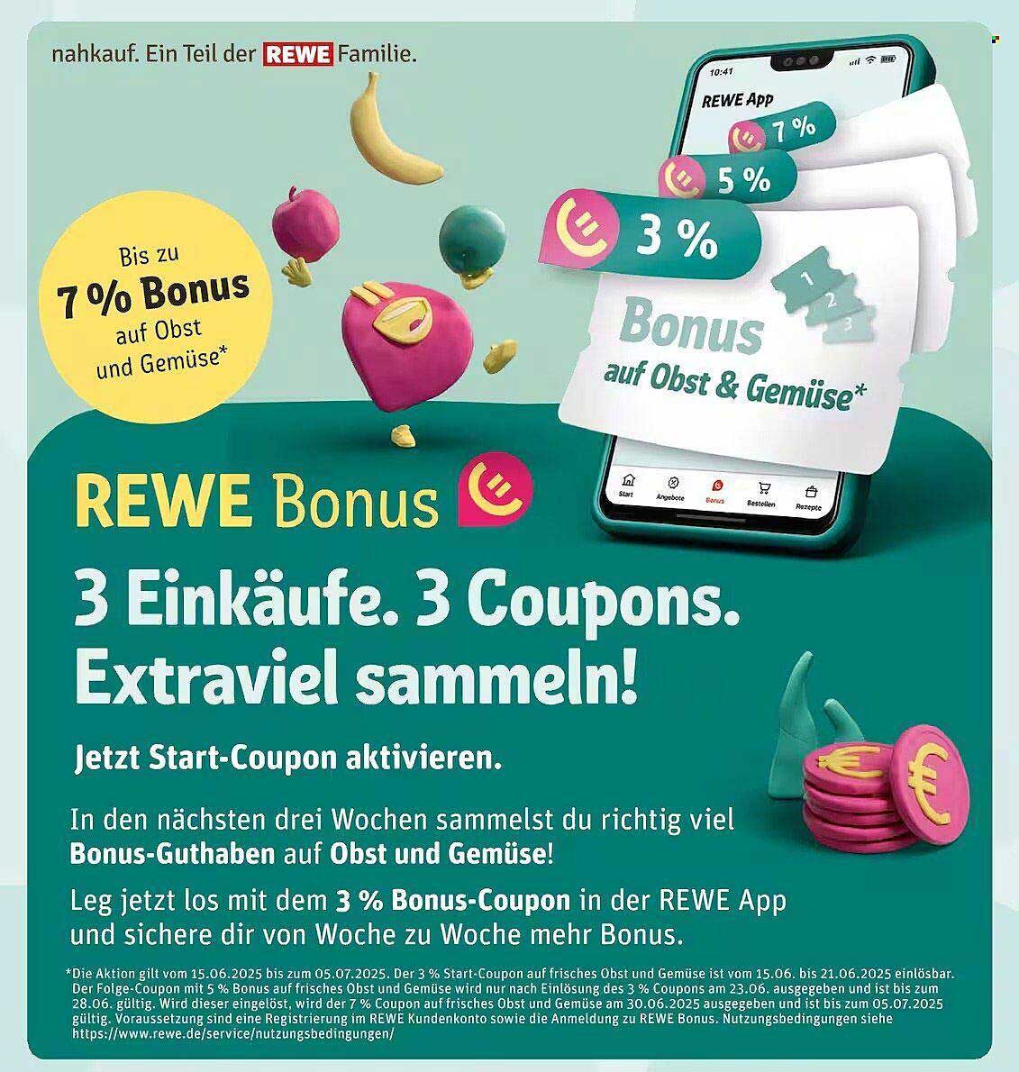 REWE Bonus: 3 Einkäufe. 3 Coupons. Extraviel sammeln!
