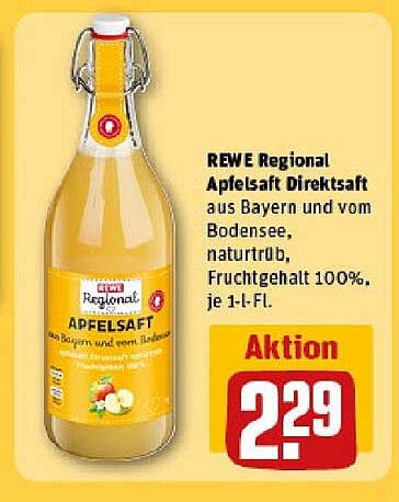 REWE Regional Apfelsaft Direktsaft aus Bayern und vom Bodensee, naturtrüb, Fruchtgehalt 100%, je 1-l-Fl.