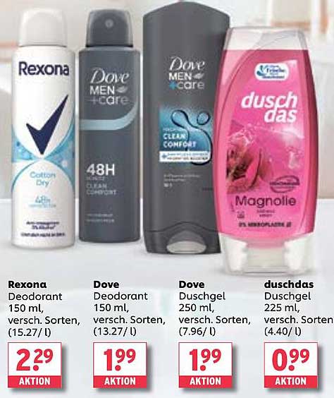 Rexona Deodorant 150 ml, Dove Deodorant 150 ml, Dove Duschgel 250 ml, duschdas Duschgel 225 ml