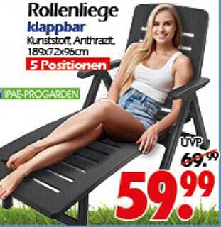 Rollenliege klappbar, Kunststoff, Anthrazit, 189x72x96cm, 5 Positionen