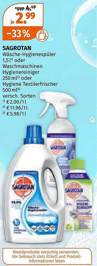 SAGROTAN Wäschhygienespüler 1,5l oder Waschmaschinen Hygiene-reiniger 250ml oder Hygiene Textilerfrischer 500ml
