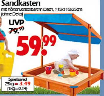 Sandkasten mit höhenverstellbarem Dach, 115x115x25cm (ohne Deko)