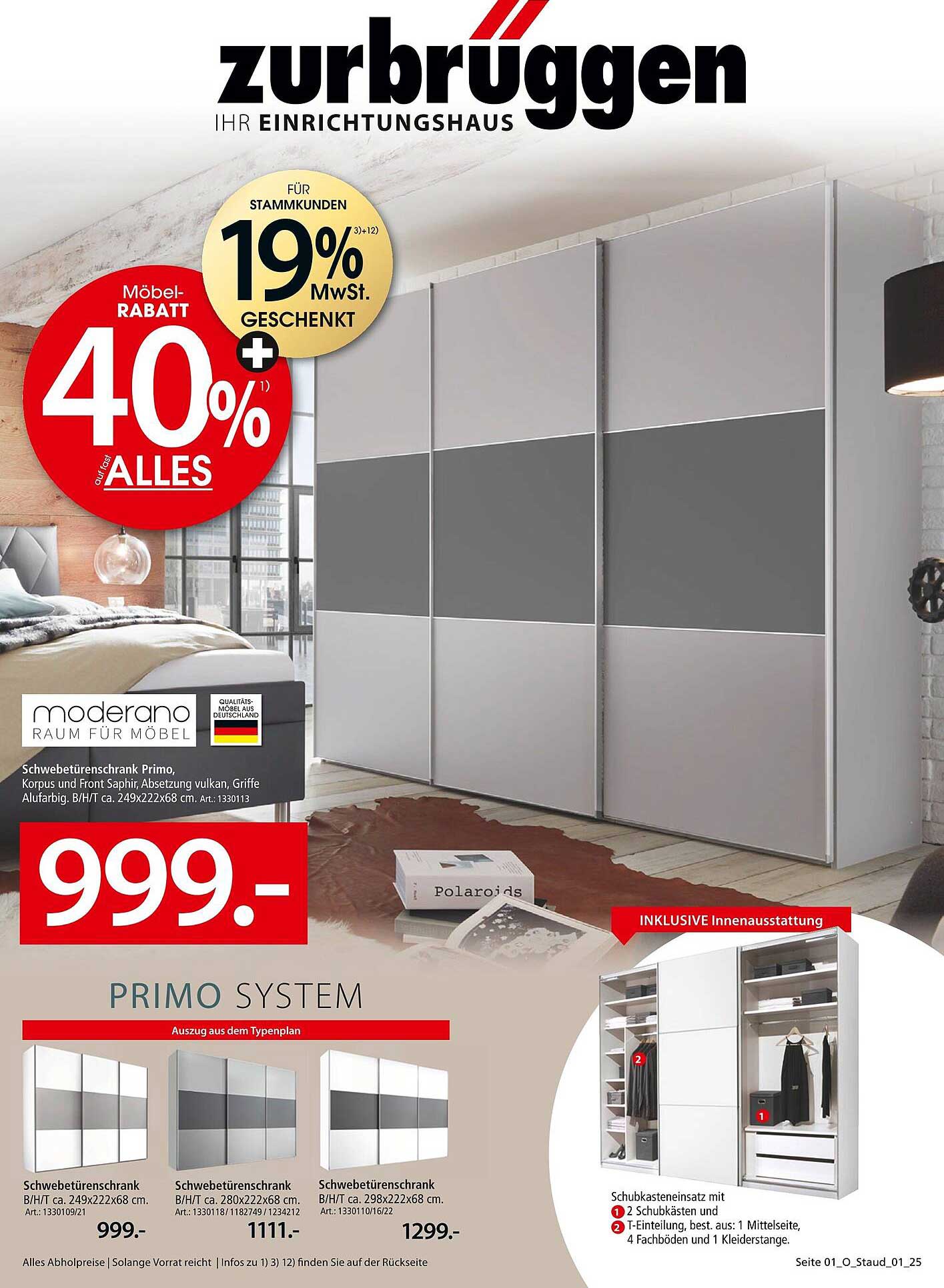 Schwebetürenschrank Primo mit Innenausstattung