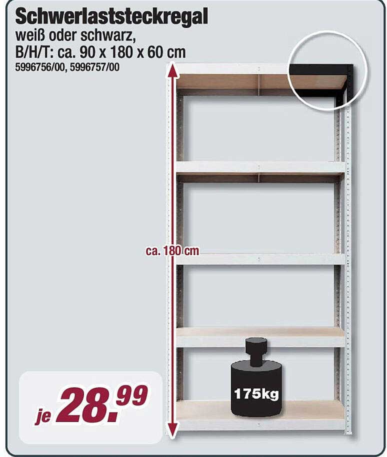 Schwerlaststeckregal, weiß oder schwarz, B/H/T: ca. 90 x 180 x 60 cm