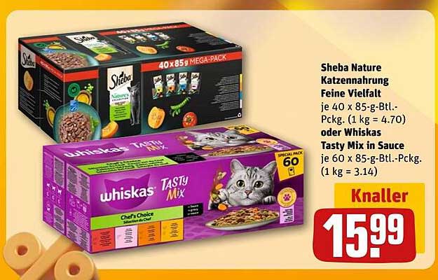 Sheba Nature Katzennahrung Feine Vielfalt oder Whiskas Tasty Mix in Sauce Mega-Pack