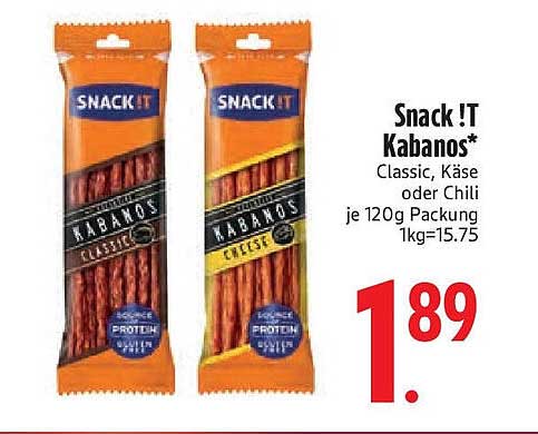 Snack !T Kabanos* Classic, Käse oder Chili je 120g Packung