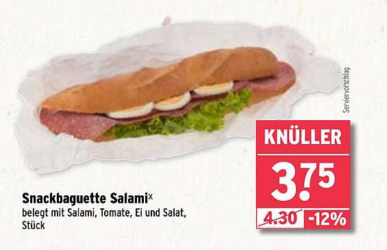 Snackbaguette Salami - belegt mit Salami, Tomate, Ei und Salat, Stück