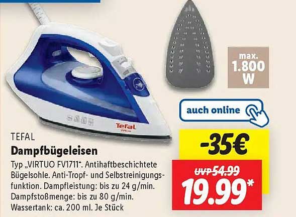 Tefal Dampfbügeleisen Typ ‚VIRTUO FV1711‘