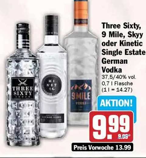 Three Sixty, 9 Mile, Skyy oder Kinetic Single Estate German Vodka