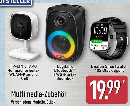 TP-LINK Tapo Heim-Sicherheits-WLAN-Kamera TC60, LogiLink Bluetooth® TWS-Party-Boombox, Beafon Smartwatch 10S Black Sport