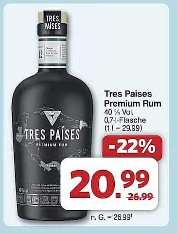 Tres Paises Premium Rum 40 % Vol, 0,7 l-Flasche