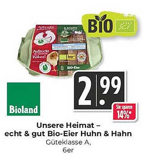 Unsere Heimat – echt & gut Bio-Eier Huhn & Hahn, Güteklasse A, 6er