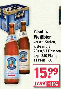 Valentins Weißbier - Kiste mit 20 x 0,5 l-Flaschen