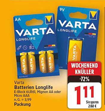 Varta Batterien Longlife E-Block 6LR61, Mignon AA oder Micro AAA