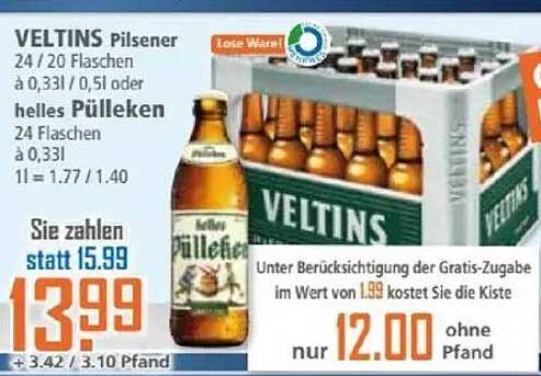 Veltins Pilsener 24 Flaschen a 0,33l oder 0,5l - helles Pülleken