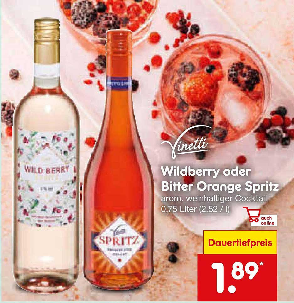 Vinetti Wildberry oder Bitter Orange Spritz – Arom. weinhaltiger Cocktail 0,75 Liter