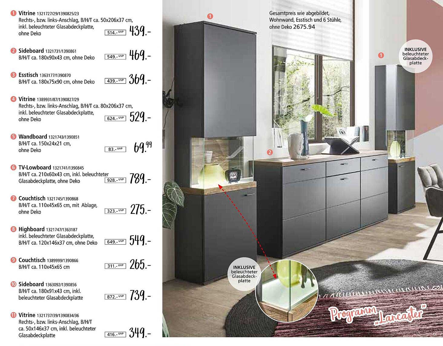 Vitrine - Rechts-, bzw. links-Anschlag, B/H/T ca. 50x206x37 cm, inkl. beleuchteter Glasabdeckung, ohne Deko