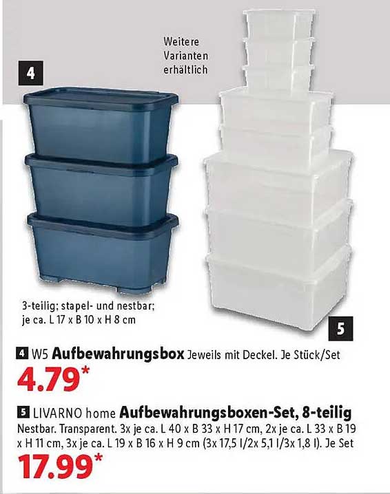 W5 Aufbewahrungsbox Jeweils mit Deckel. Je Stück/Set