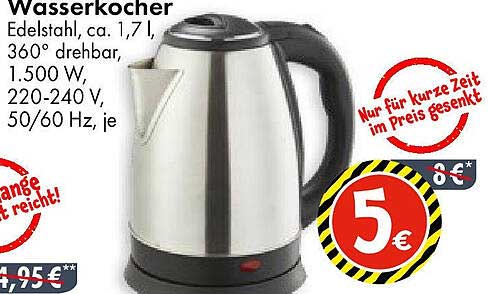 Wasserkocher aus Edelstahl, 1,7 l, 360° drehbar