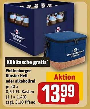 Weltenburger Kloster Hell oder alkoholfrei – 20 x 0,5 l-Flagons im Kasten mit gratis Kühltasche