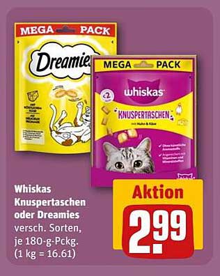 Whiskas Knuspertaschen oder Dreamies 180 g