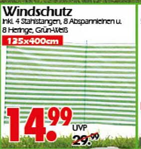 Windschutz inkl. 4 Stahlstangen, 8 Abspannleinen und 8 Heringen, Grün-Weiß, 135x400cm