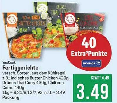 YouCook Fertiggerichte - Indisches Butter Chicken, Grünes Thai Curry und Chili con Carne