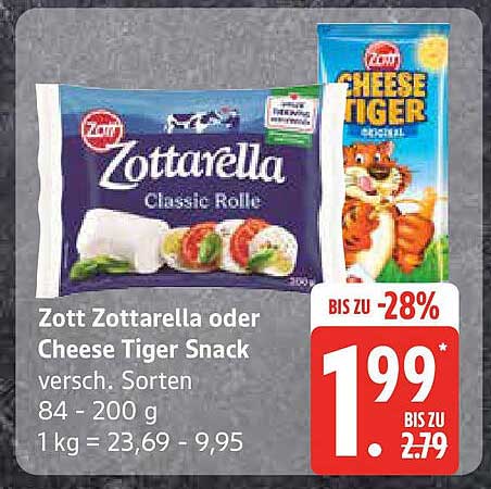 Zott Zottarella oder Cheese Tiger Snack, verschiedene Sorten