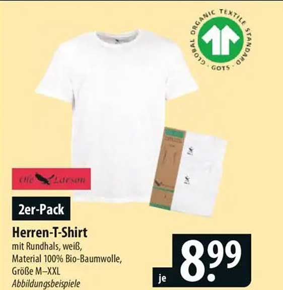 2er-Pack Herren-T-Shirt mit Rundhals, weiß, 100% Bio-Baumwolle