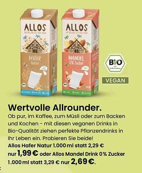 Allos Hafer Natur und Mandel Drink 0% Zucker