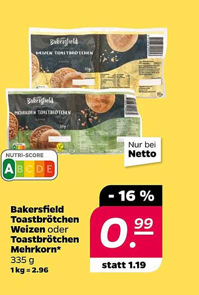 Bakersfield Toastbrötchen Weizen oder Mehrkorn 335g